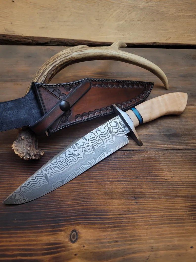 Damascus Bowie with Curly Maple Handle